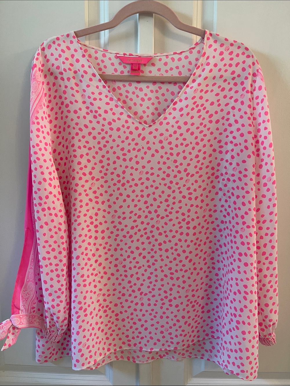 Lilly Pulitzer Pink Dot V-Neck Long Sleeve Blouse